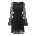 women black long sleeve casual dress with lace ties loose fitting feminine dress with layers and  bell sleeves